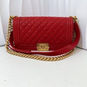 CHANEL Boy Medium Bag Red Caviar Leather with Gold Hardware
